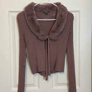 Wild Fable Mauve Ribbed Cardigan with Faux Fur Collar